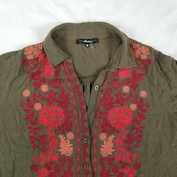 Andrea by Unit Embroidered Shirt Olive Green Shirt Soft Lightweight Size M - Picture 5 of 10